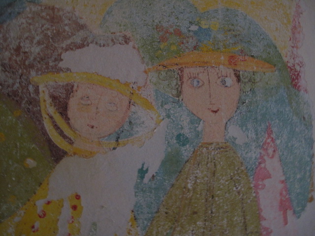 "Väggmålning 50-tal Två damer i hatt i närbild"